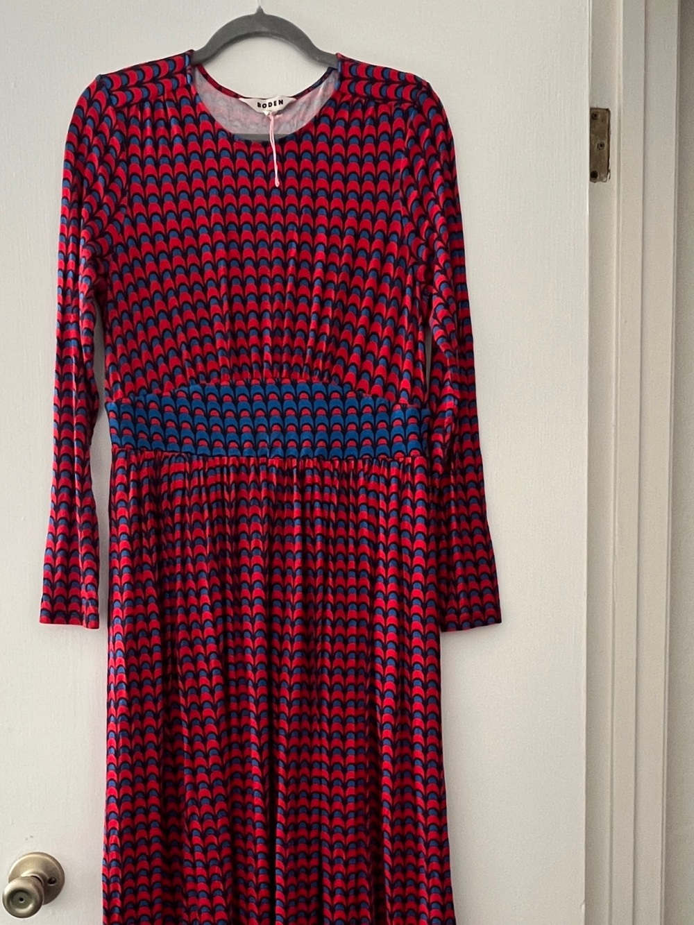 Boden Long-Sleeve Red and Blue Patterned Maxi Dress